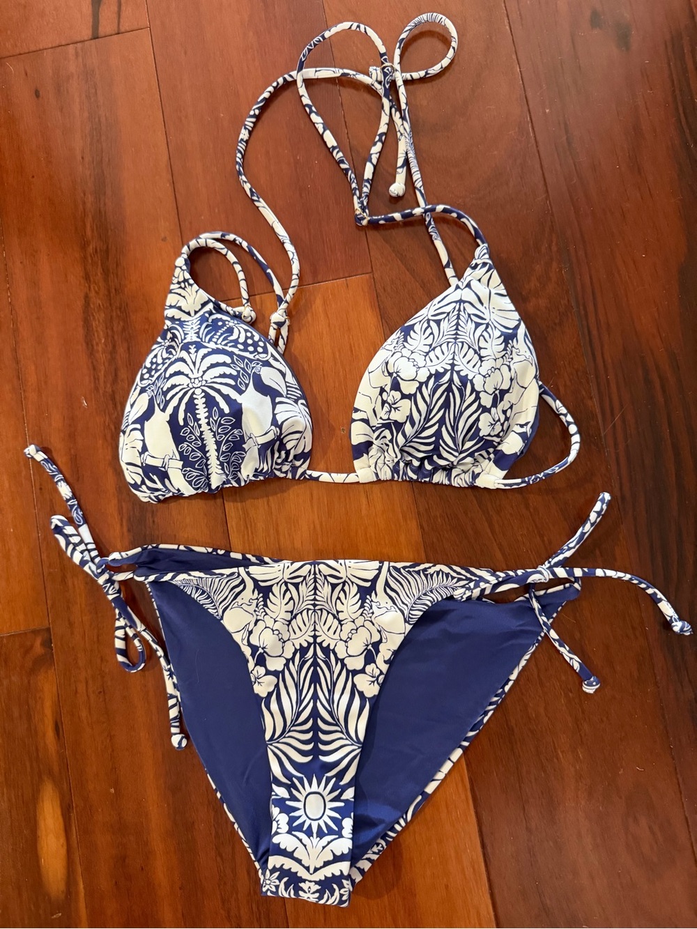 The White Lotus x Aqua Blue and White Tropical Print Triangle Bikini